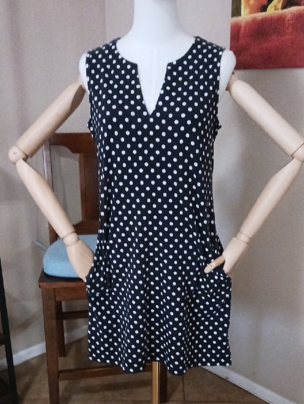 Lands' End Black Dress with White Polka Dots